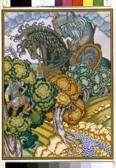 Ilia de Mourom perché dans un arbre observe le retour du géant qui porte un coffre de cristal - Ivan Yakovlevich Bilibin