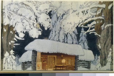 Maison de bois dans la forêt enneigée. Décor pour la pièce de théâtre "Le commandant Souvorov". - Ivan Yakovlevich Bilibin