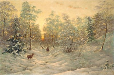 Cerfs dans un paysage enneigé au crépuscule - Ivan Fedorovich Choultse