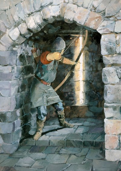 Archer médiéval tirant à travers une meurtrière au château de Beeston, Cheshire - Ivan Lapper