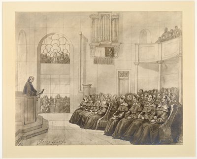 Diaconissen-Kirche, le pasteur Fliedner prêchant aux diaconesses dans la chapelle de Kaiserswerth, 1840 - J.B. Sonderland