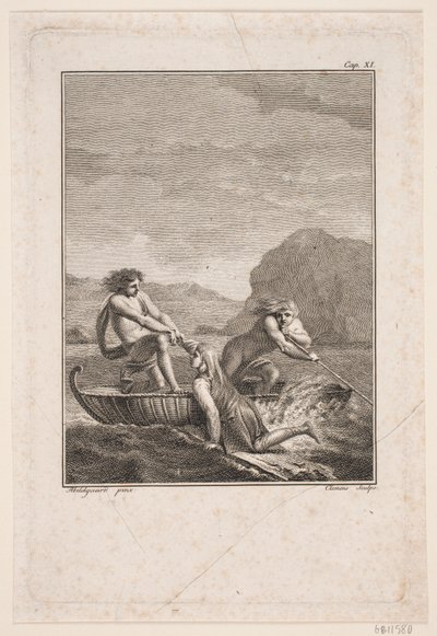 Le naufragé Niels Klim sauvé par deux Qvamiter dans un bateau en osier - J.F. Clemens