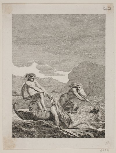 Le naufragé Niels Klim sauvé par deux Qvamites dans un bateau en osier - J.F. Clemens