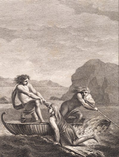 Le naufragé Niels Klim sauvé par deux Qvamiter dans un bateau en osier - J.F. Clemens