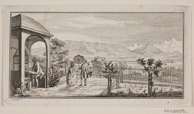 Une terrasse de jardin à Genthod avec un couple se promenant - J.F. Clemens
