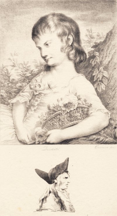 Une petite fille avec un panier de fleurs et un portrait d