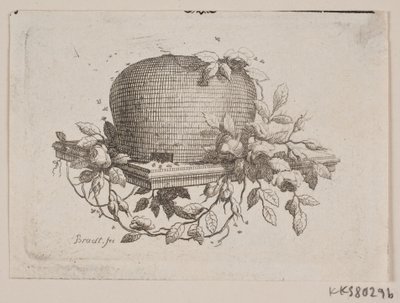 Une plaque portant une ruche, entourée de feuilles de rose - J.F. Clemens