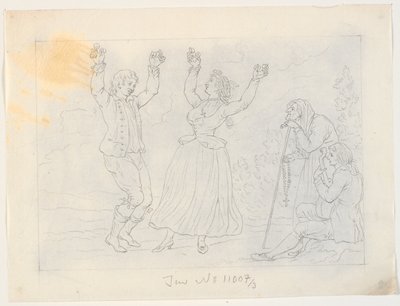 Homme et femme dansant le fandango. Un jeune homme jouant de la guitare et une vieille femme regardant - J.F. Clemens