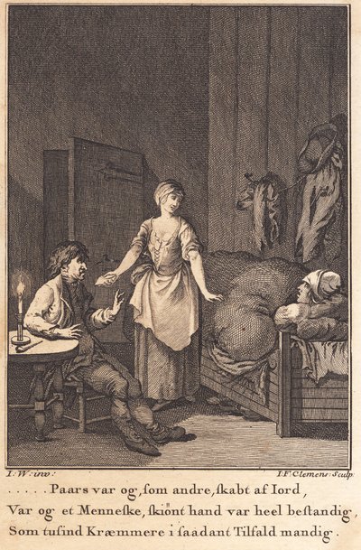Marthe la cuisinière entre dans la pièce avec Peder Paars et Per Ruus - J.F. Clemens