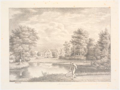 Sanderumgaards avec maison. Au premier plan, homme avec faux - J.F. Clemens