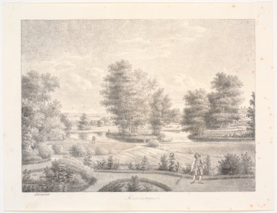Le jardin de Sanderumgaard avec une île boisée. Au premier plan, un homme avec un râteau - J.F. Clemens