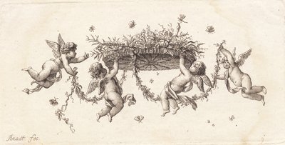 Vignette avec feuilles enroulées et ruban - J.F. Clemens