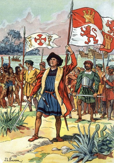 1492 : Christophe Colomb arrivant en Amérique avec le drapeau espagnol - J.L Beuzon (fl.1880 1940)