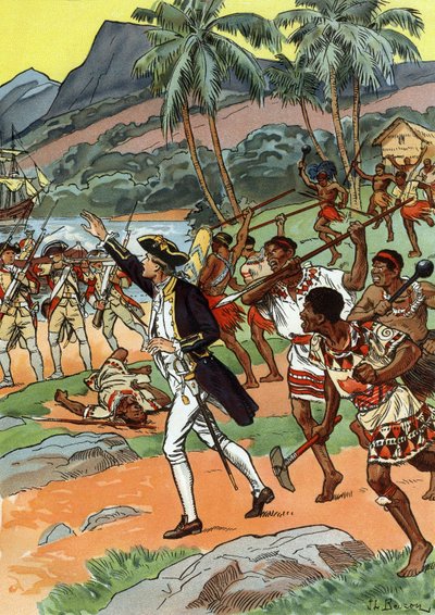 Mort de James Cook tué par les locaux à Hawaï - J.L Beuzon (fl.1880 1940)