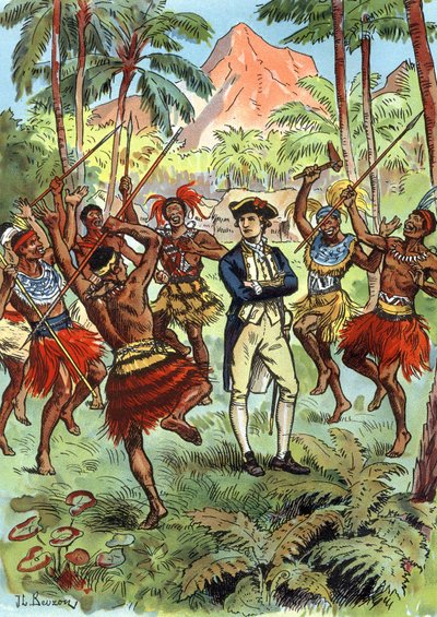 James Cook (1728-1779) et les locaux à Hawaï - J.L Beuzon (fl.1880 1940)