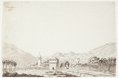 Paysage de Domodossola en Suisse avec église et tour de guet - J.L. Lund