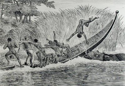 Hippopotame enragé renversant un bateau - J.M. Corner