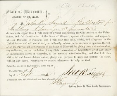 Serment de loyauté de John R. Sayers du Missouri, comté de St. Louis - J.R. Sayers