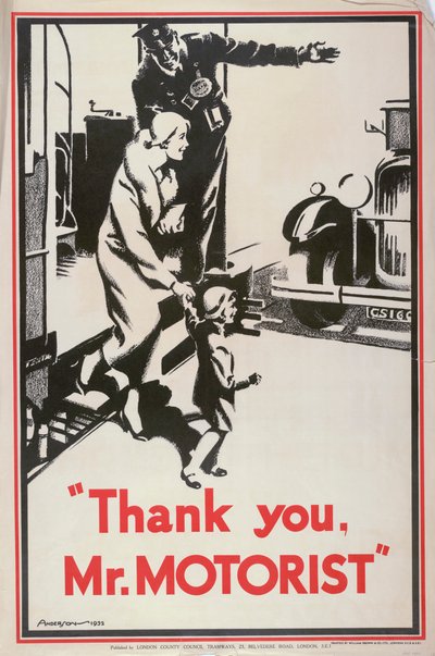 Merci Monsieur le Motoriste, affiche des Tramways du Conseil du Comté de Londres, 1932 - JS Anderson