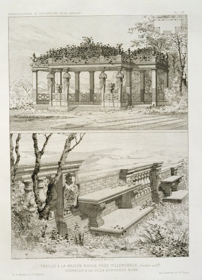 Pergola de La Maison Rouge près de Villemomble, conçue par Cordier, et terrasse de la Villa Borghese, Rome, c.1880 - J. Boussard