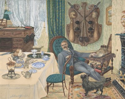 Un célibataire dans son étude Le petit-déjeuner du sportif, fin du 19ème siècle - J Buttfield