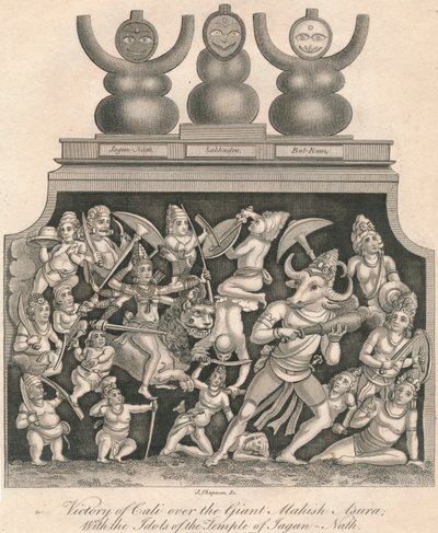 Victoire de Kali sur le Géant Mahish Asura, avec les Idoles du Temple de Jagan-Nath, 1809 - J. Chapman