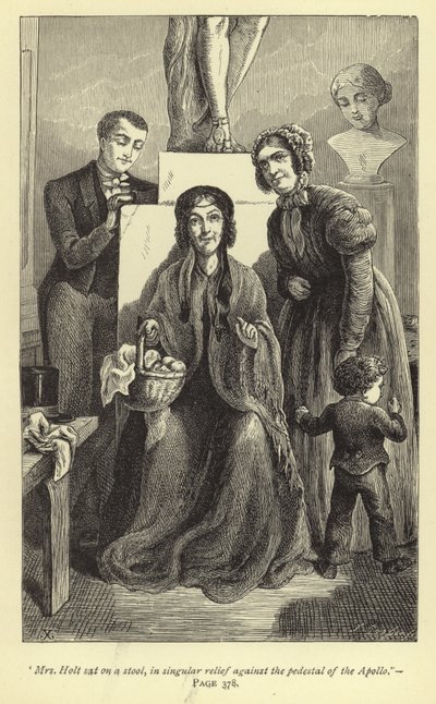 Mme Holt assise sur un tabouret, en relief singulier contre le piédestal de l