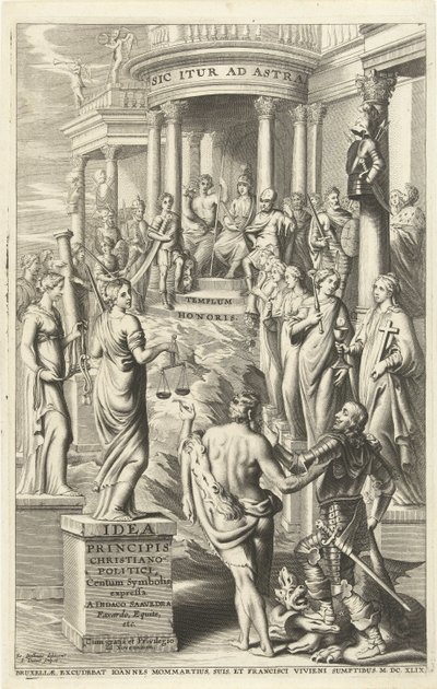 Hercule conduit un homme à travers les personnifications des vertus vers le temple de la gloire éternelle (Page de titre pour: Idea principis christiano-politica, Centum Symbolis expressa, Bruxelles 1649) - J. Danoot