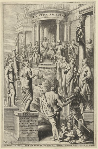 Hercule conduit un homme à travers les personnifications des vertus vers le temple de la gloire éternelle (page de titre pour: Idea principis christiano-politica, Centum Symbolis expressa, Bruxelles 1649) - J. Danoot
