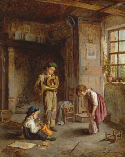 Garçons avec cor français et tambour, 19e siècle - J. Devaux