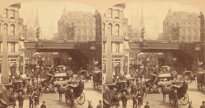 Groupe de 4 vues stéréographiques de Ludgate Hill, Londres, Angleterre, 1850s-1910s - J F Jarvis