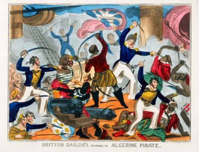 Marins britanniques abordant un navire pirate algérien (gravure en couleur) - J. Fairburn