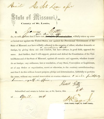 Serment de loyauté de James Getty du Missouri, comté de St. Louis - J. Getty