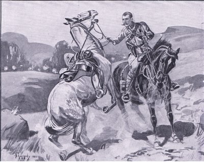 Le major Brown, 14e Hussards, tenant le cheval du lieutenant Brown sous un feu nourri, illustration de Après Pretoria : La Guerre de guérilla - J. H. Thorneley