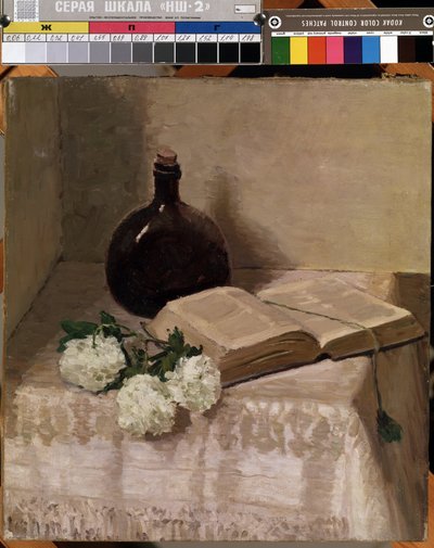 Nature morte de flacon, livre ouvert et fleurs blanches - J. Hansch
