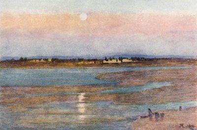 Lever de lune au coucher du soleil, de La Croix Blanche, Mont St Michel - J. Hardwicke Lewis