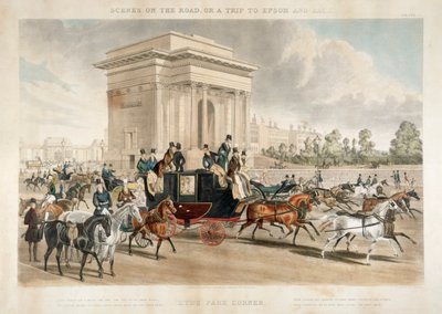 Voitures à cheval le long de Hyde Park Corner, Londres, 1838 - J Harris