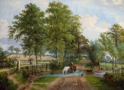 Scène rurale avec des chevaux au ruisseau, 1870s - J. Jolly