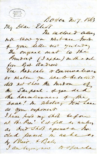Lettre signée J.M.F. [J.M. Forbes], Boston, à Eliot [William G. Eliot], 7 novembre 1863 - J. M. Forbes