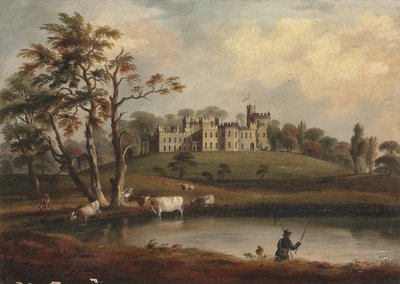 Vue du château de Hornby, Yorkshire, avec un pêcheur et du bétail sur les rives de la rivière Wenning - J. Miller