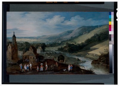 Un vaste paysage fluvial avec des paysans récoltant la moisson - J. & Momper J. de (1564 1635) Brueghel
