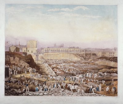 Vue des travaux de construction au quai St Katherine, Stepney, Londres, janvier 1828 - J Phelps