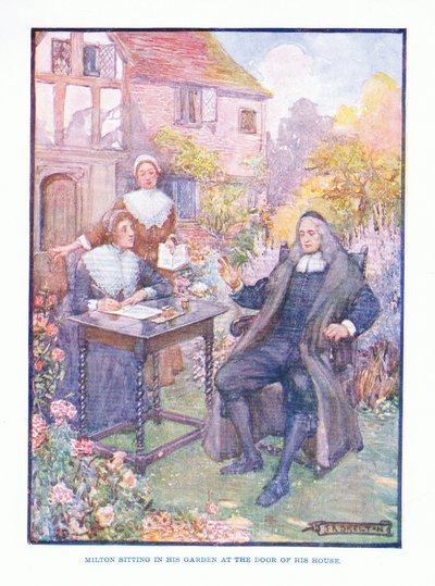 Milton assis dans son jardin à la porte de sa maison, de Littérature anglaise pub. par T C & EC Jack, vers 1920 - J. R. Skelton