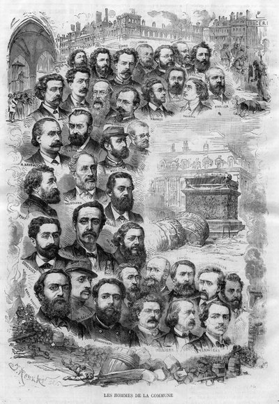 Les hommes de la Commune de Paris 1870 gravure par J Robert de 1870 - (Charles Delescluze, Félix Pyat, Charles Ferdinand Gambon, Paschal Grousset, Jules Vallès et Gustave Courbet, Arthur Arnould, Charles Amouroux, Victor Clément, Jules Bergeret etc...) - J Robert