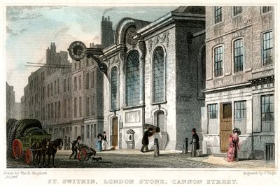 Église de St Swithin et la pierre de Londres, Cannon Street, City of London, vers 1830 - J. Tingle