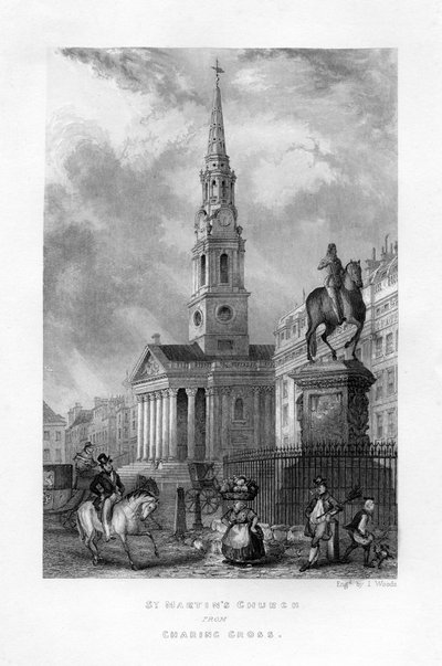 Église Saint-Martin depuis Charing Cross, Londres, 19e siècle - J. Woods