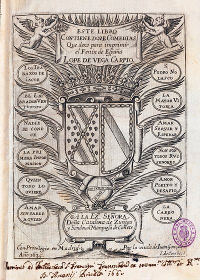 Page de titre de la collection de douze comédies de Félix Lope de Vega Carpio (1562-1635) - J. de (after) Courbes