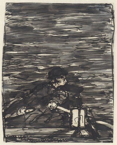 Rameur dans un bateau avec lanterne la nuit - Jac van Looij