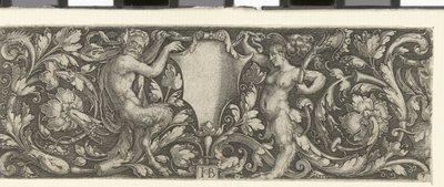 Frise avec un bouclier porté par un satyre masculin et féminin - Jacob Binck (signed by artist)