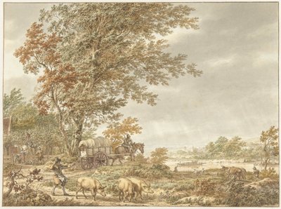 Paysage vallonné avec un porcher et d